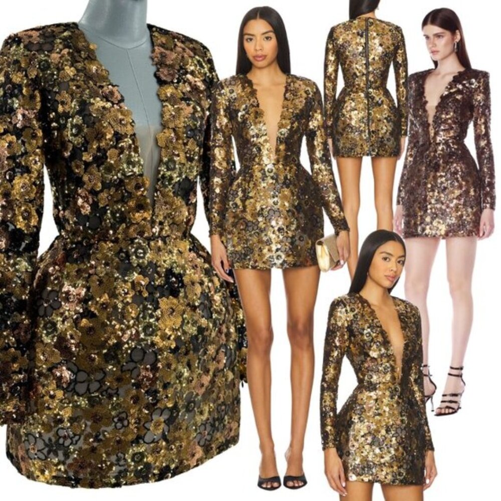 🆕 BRONX & BANCO 🧿 NWOT Isabella Long Sleeve Mini Dress, Gold Multi - Sz S US4